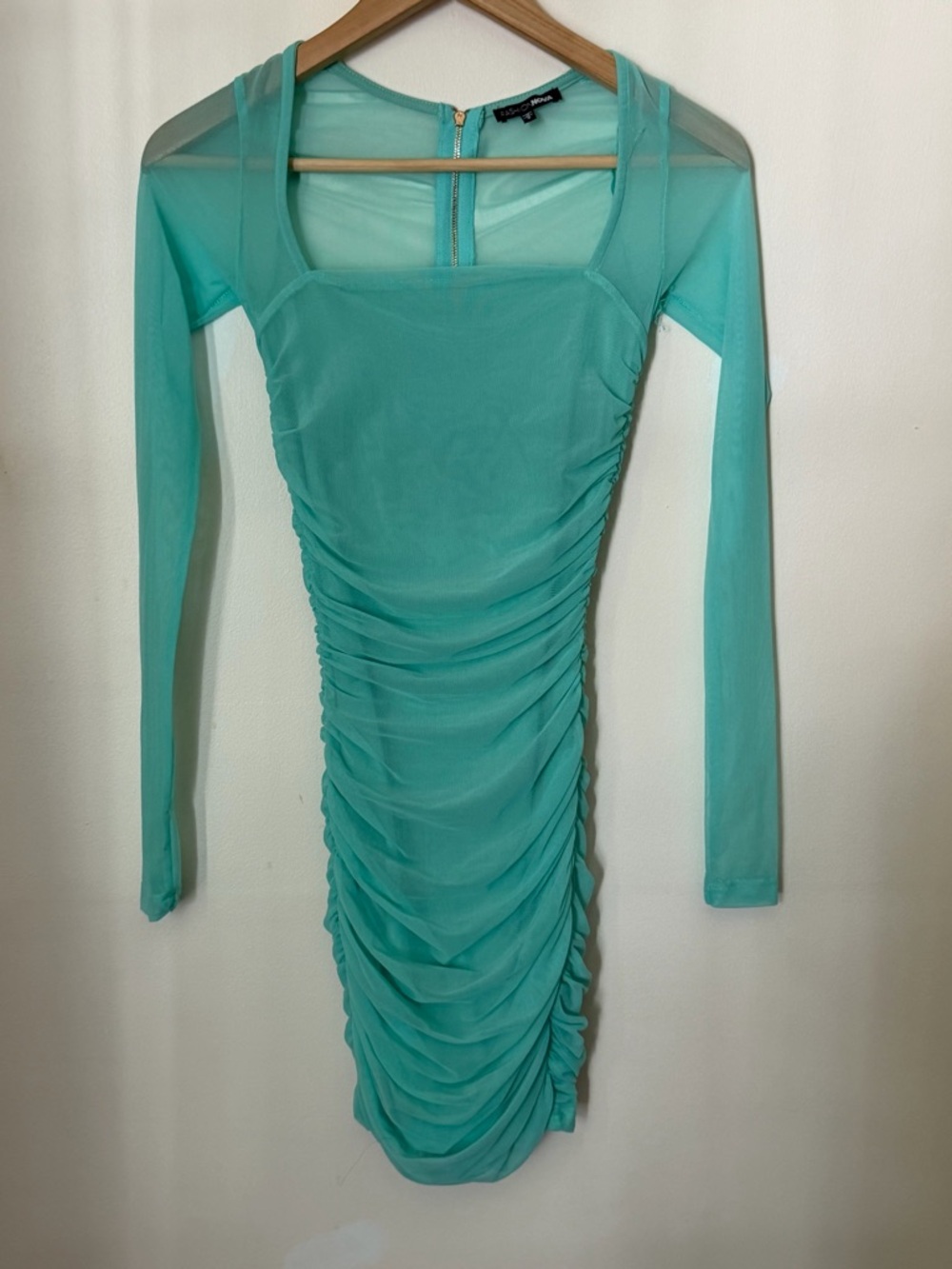 Fashion Nova Aqua Ruched Long Sleeve Mesh Dress
